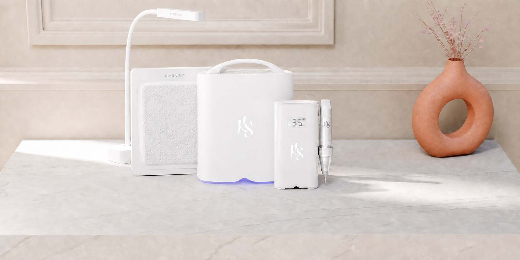 Electrónicos Kiara Sky blancos: lámpara flexible, colector de polvo, lámpara LED y drill